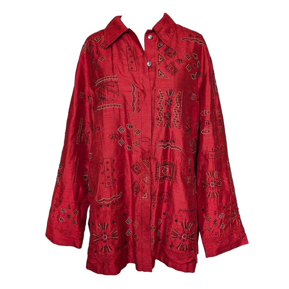 Chico's Design Red Silk Beaded Embroidered Jacket Shirt Size 2 Art To Wear